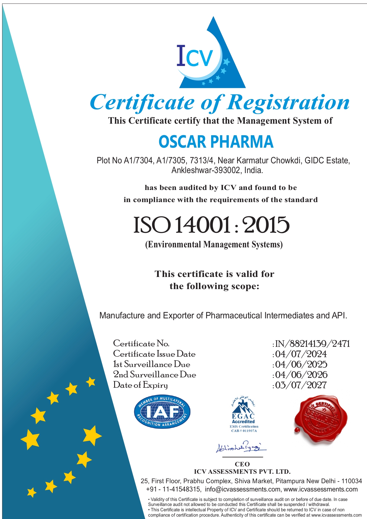 Oscar Pharma Certificate